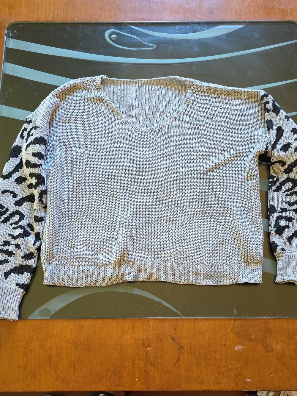 SHEIN Gray V-Neck Sweater with Leopard-Print Sleeves